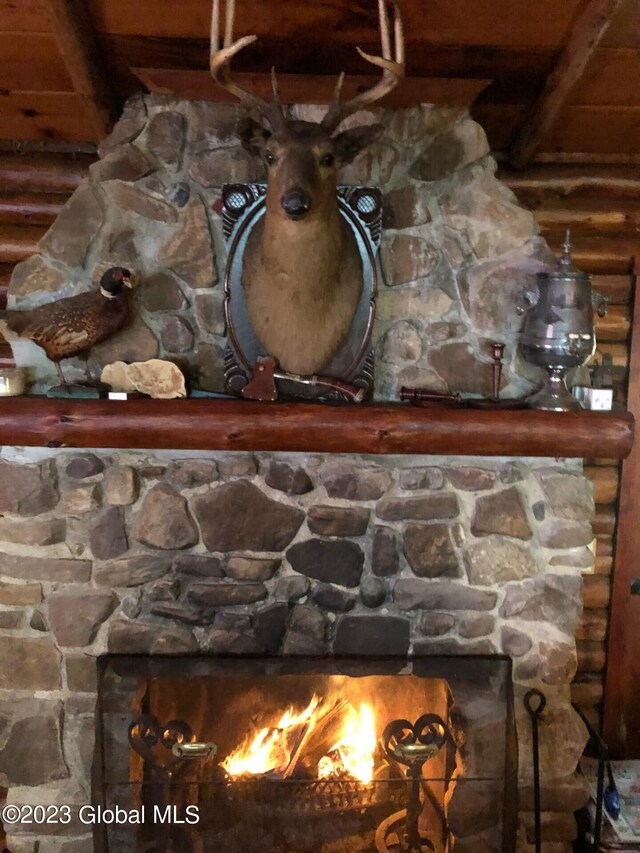 9667 Lake Shore Dr, Hague, NY 12836 - detailed view of a lit fireplace