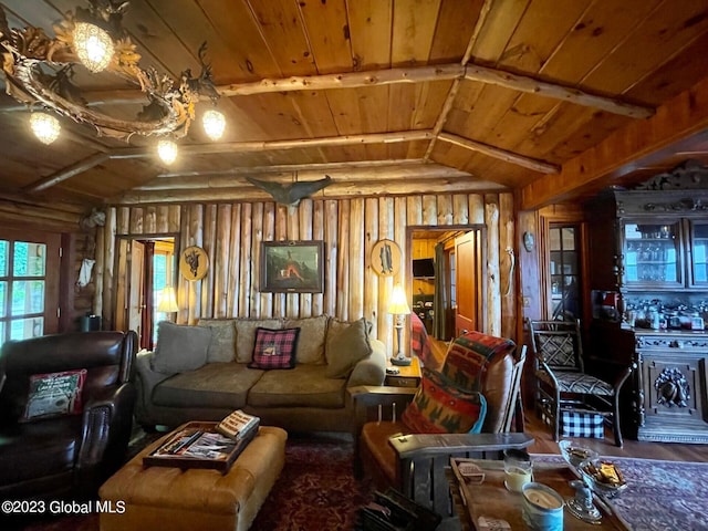 9667 Lake Shore Dr, Hague, NY 12836 - living area with wooden ceiling, wooden walls, and wood finished floors