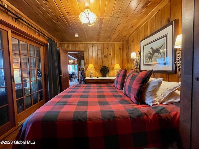 9667 Lake Shore Dr, Hague, NY 12836 - bedroom with wood ceiling, wood walls, and access to exterior