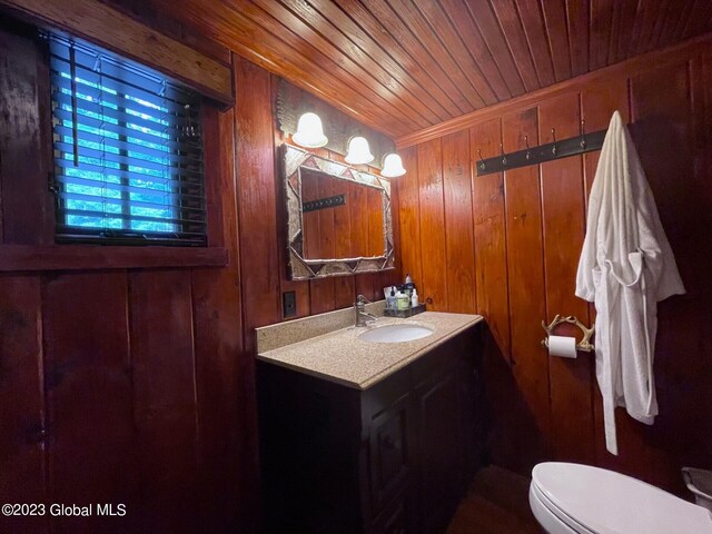 9667 Lake Shore Dr, Hague, NY 12836 - bathroom with vanity, toilet, wooden ceiling, and wood walls