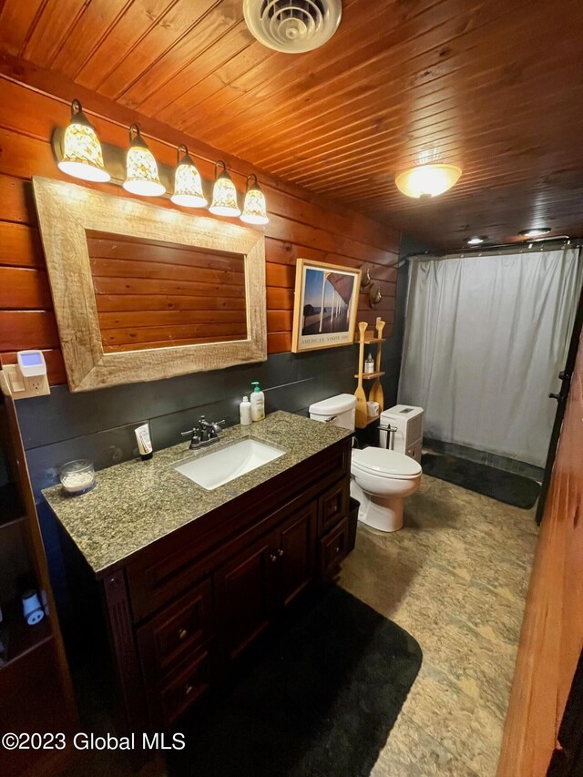 9667 Lake Shore Dr, Hague, NY 12836 - full bath with wooden ceiling, vanity, a shower with curtain, wood walls, and toilet