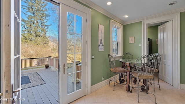6 Eileen Dr, East Greenbush, NY 12144 - doorway to outside with baseboards, recessed lighting, ornamental molding, and light tile patterned floors