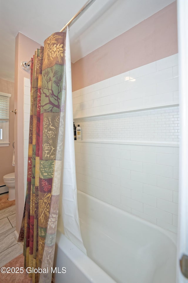 full bathroom with toilet, shower / bathtub combination with curtain, and a baseboard radiator