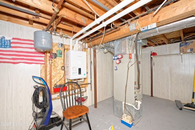 unfinished below grade area with heating unit and water heater