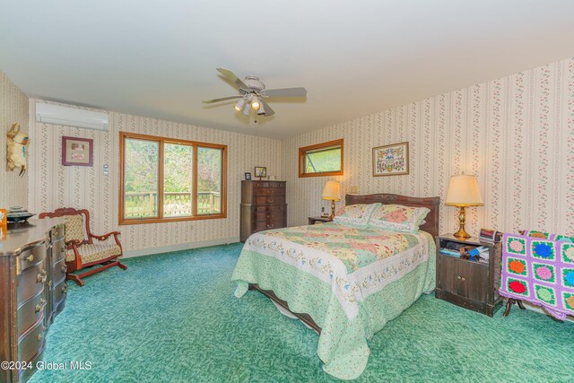 bedroom with baseboards, wallpapered walls, an AC wall unit, and carpet