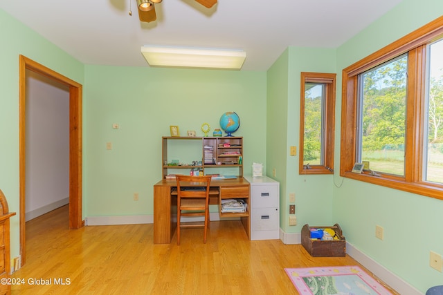 office space featuring light wood-style flooring, baseboards, and ceiling fan