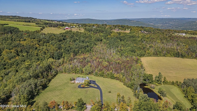 bird's eye view with a forest view and a mountain view