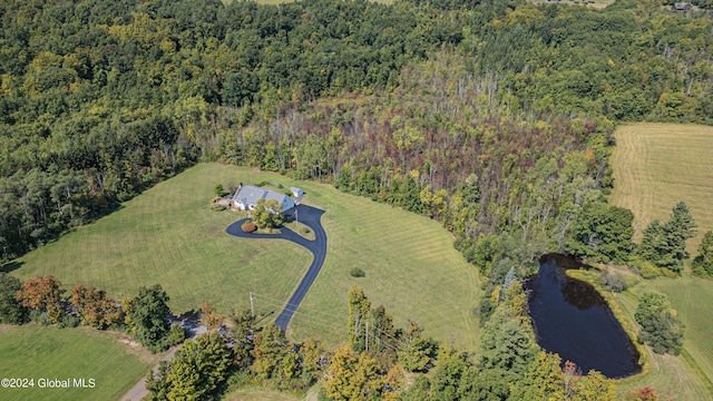 birds eye view of property featuring a view of trees