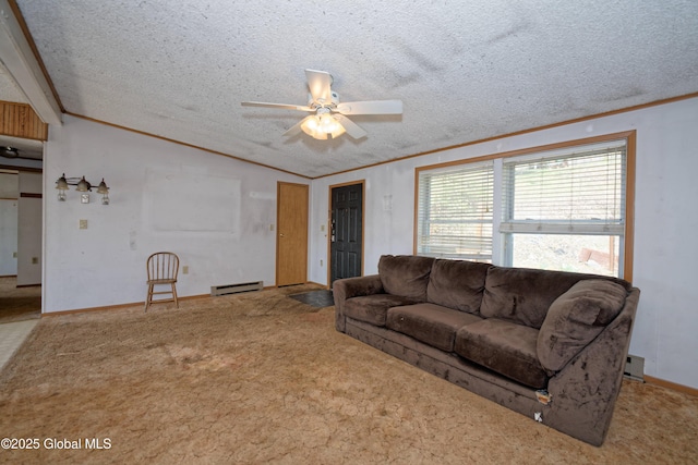 200 Summit Lake Rd, Argyle, NY 12809 - carpeted living room with a ceiling fan, ornamental molding, and a baseboard radiator