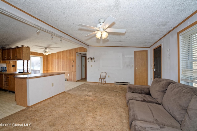 200 Summit Lake Rd, Argyle, NY 12809 - living room featuring a baseboard radiator, a textured ceiling, crown molding, and ceiling fan
