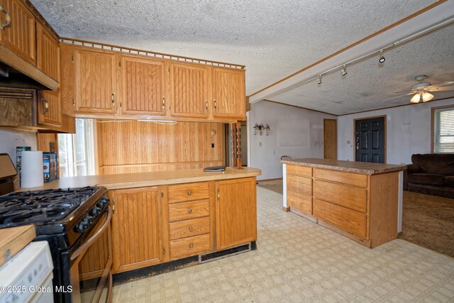 200 Summit Lake Rd, Argyle, NY 12809 - kitchen with a peninsula, a textured ceiling, visible vents, gas range, and ceiling fan