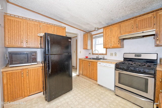 200 Summit Lake Rd, Argyle, NY 12809 - kitchen with under cabinet range hood, light countertops, vaulted ceiling, a sink, and black appliances