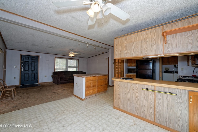 200 Summit Lake Rd, Argyle, NY 12809 - kitchen with a textured ceiling, open floor plan, carpet, ceiling fan, and black appliances