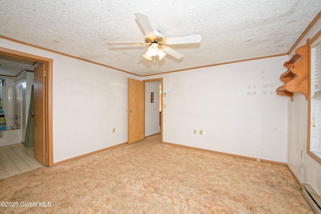 200 Summit Lake Rd, Argyle, NY 12809 - unfurnished room with light carpet, a textured ceiling, baseboard heating, a ceiling fan, and ornamental molding