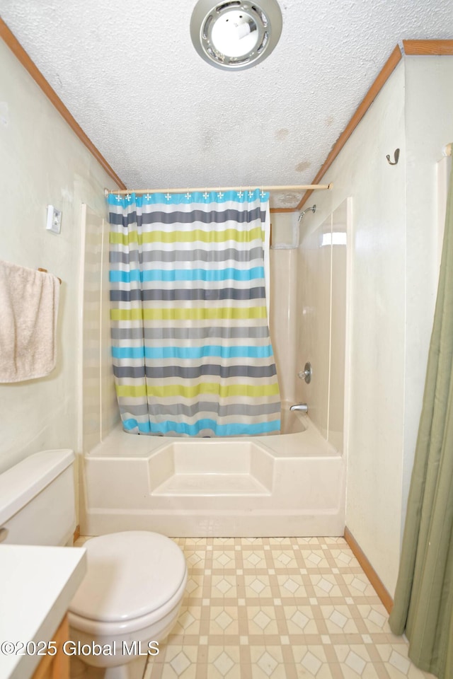 200 Summit Lake Rd, Argyle, NY 12809 - bathroom featuring a textured ceiling, toilet, baseboards, shower / bath combo with shower curtain, and ornamental molding
