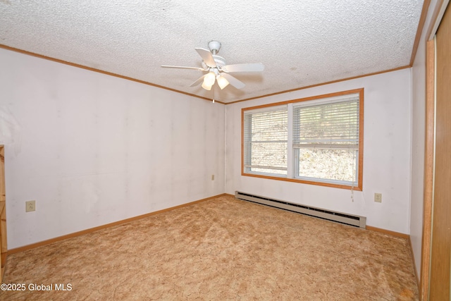 200 Summit Lake Rd, Argyle, NY 12809 - carpeted spare room featuring a textured ceiling, a ceiling fan, baseboard heating, and ornamental molding