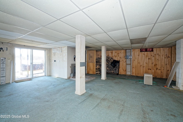 200 Summit Lake Rd, Argyle, NY 12809 - basement featuring wooden walls, carpet, and a drop ceiling