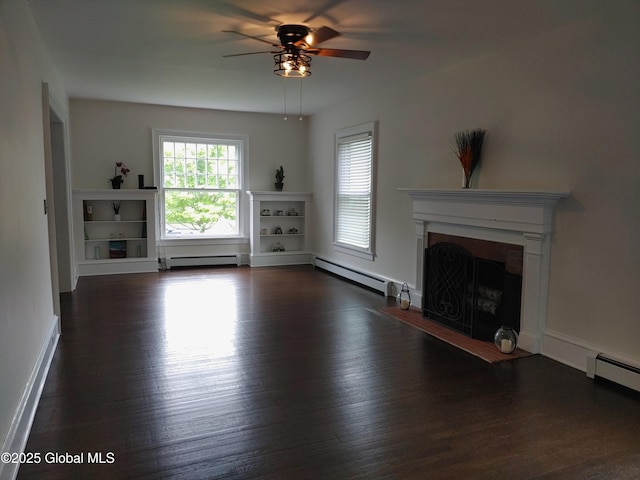 6 Father Jogues Pl, Ticonderoga, NY 12883 - unfurnished living room with a fireplace with flush hearth, a ceiling fan, a baseboard heating unit, dark wood finished floors, and a baseboard radiator