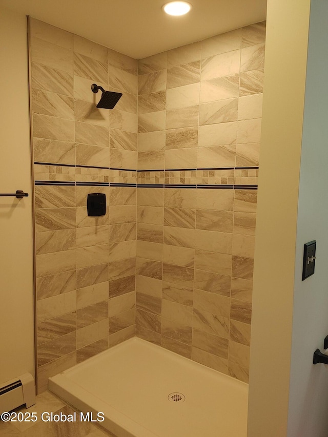 6 Father Jogues Pl, Ticonderoga, NY 12883 - full bathroom featuring a baseboard heating unit, tiled shower, and recessed lighting