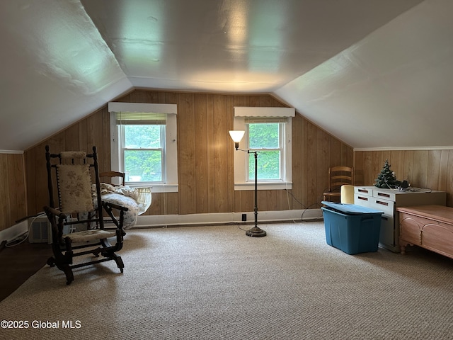 additional living space featuring lofted ceiling, carpet, and wooden walls