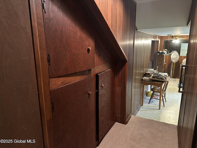 hall featuring wooden walls