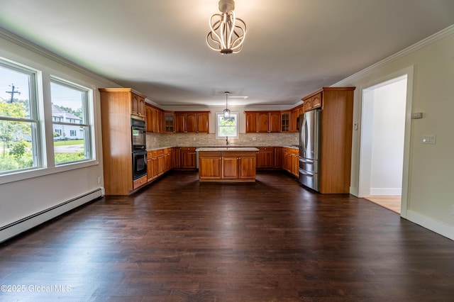 65 N Main St, Voorheesville, NY 12186 - kitchen with freestanding refrigerator, brown cabinets, glass insert cabinets, backsplash, and ornamental molding