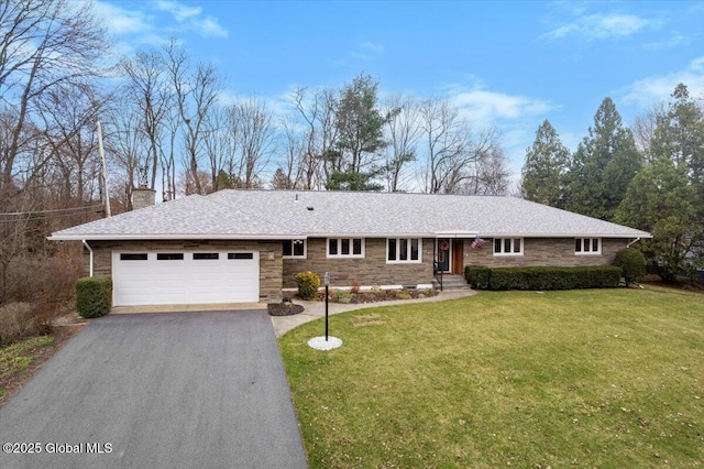 4 Queensbury Pl, Queensbury, NY 12804 - ranch-style home featuring a chimney, a garage, driveway, and a front lawn