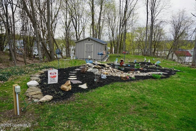 view of yard featuring an outbuilding and a storage shed