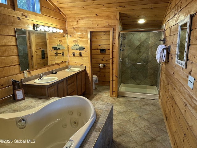 3210 Lake Shore Dr Unit 24Interval 2, Lake George, NY 12845 - full bath with wood ceiling, wooden walls, a sink, and a stall shower