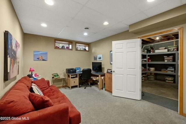 office with a paneled ceiling, visible vents, carpet floors, and recessed lighting