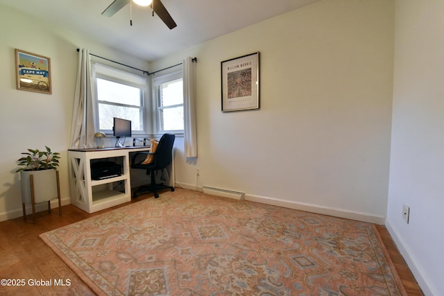office with baseboards, a baseboard radiator, ceiling fan, and wood finished floors