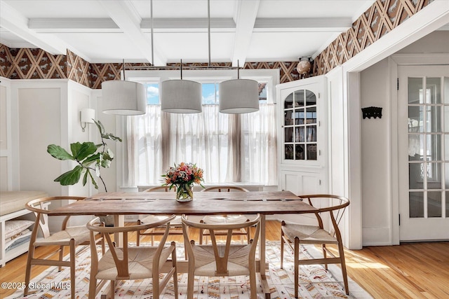 39 5th Ave, Saratoga Springs, NY 12866 - dining area with beam ceiling, coffered ceiling, and light wood finished floors