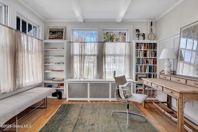39 5th Ave, Saratoga Springs, NY 12866 - office featuring beamed ceiling, wood finished floors, radiator, and crown molding