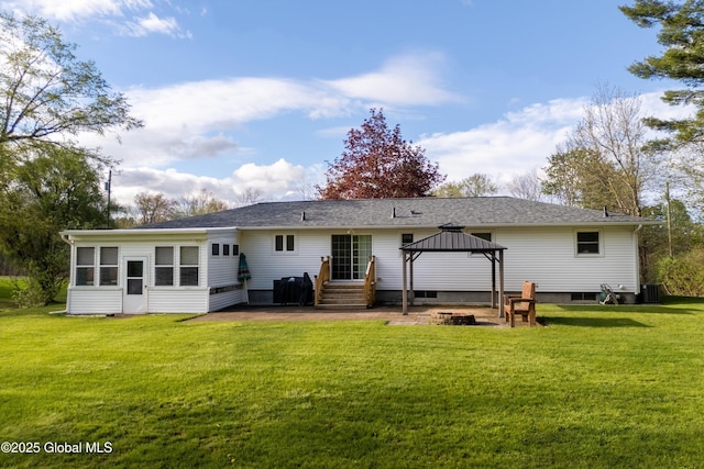 92 Vosburgh Rd, Halfmoon, NY 12118 - rear view of property with a gazebo, a lawn, central AC, and an outdoor fire pit