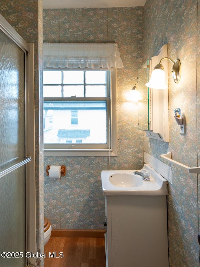 16 Oakwood Blvd, Hudson, NY 12534 - bathroom with wood finished floors, vanity, wallpapered walls, and a shower with door