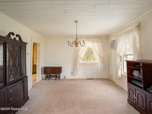16 Oakwood Blvd, Hudson, NY 12534 - dining area featuring a chandelier, light colored carpet, an AC wall unit, and ornamental molding