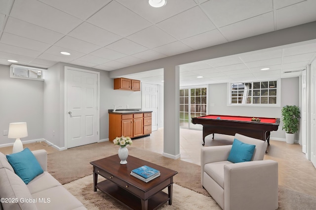 rec room featuring recessed lighting, a paneled ceiling, pool table, and light colored carpet