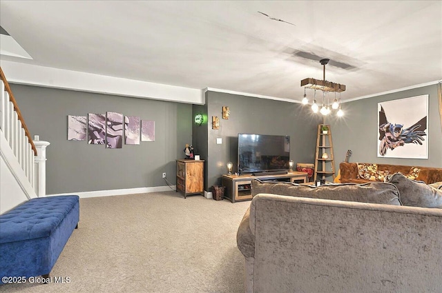 carpeted living room featuring stairway, baseboards, ornamental molding, and an inviting chandelier