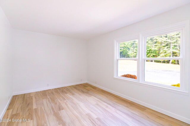 spare room with baseboards and light wood finished floors