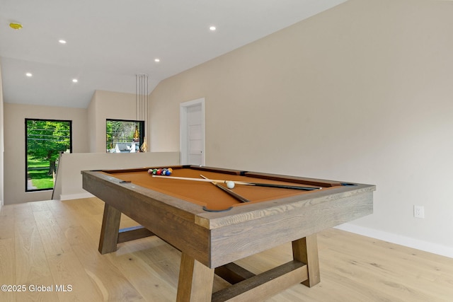 recreation room with light wood finished floors, billiards, recessed lighting, lofted ceiling, and baseboards