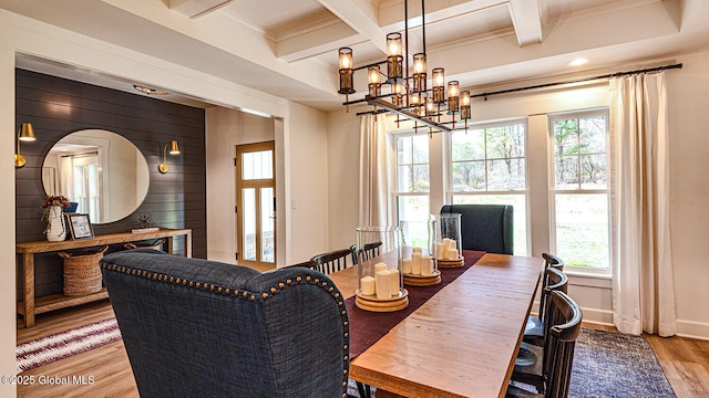 16 Bergen Pl, Niskayuna, NY 12309 - dining room featuring beamed ceiling, wood finished floors, coffered ceiling, a notable chandelier, and baseboards