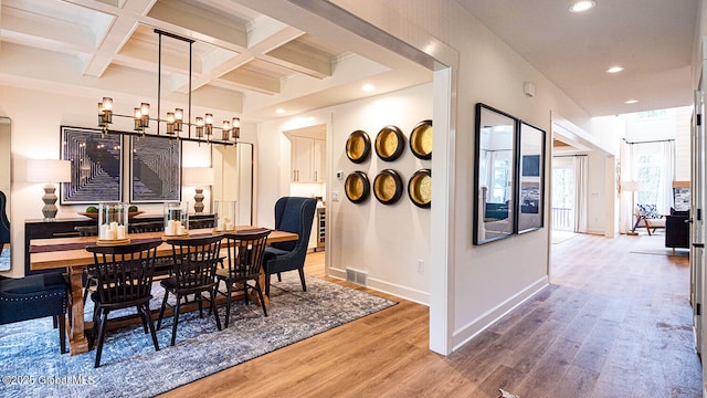 16 Bergen Pl, Niskayuna, NY 12309 - dining area with beamed ceiling, light wood-type flooring, visible vents, recessed lighting, and baseboards