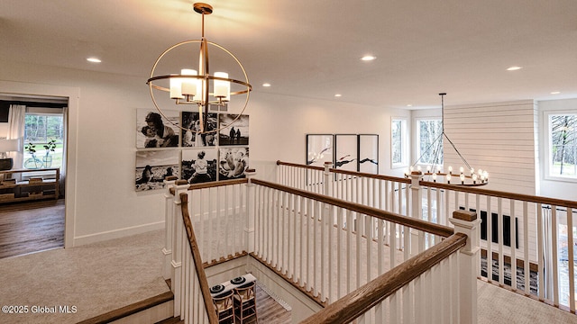 16 Bergen Pl, Niskayuna, NY 12309 - hall with baseboards, a chandelier, recessed lighting, an upstairs landing, and carpet