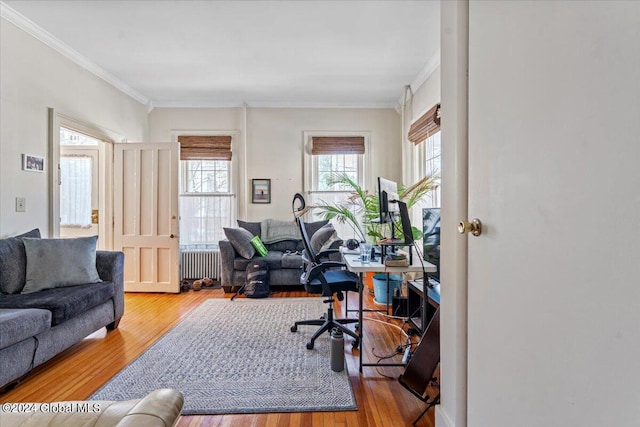 office with ornamental molding, radiator heating unit, and wood finished floors