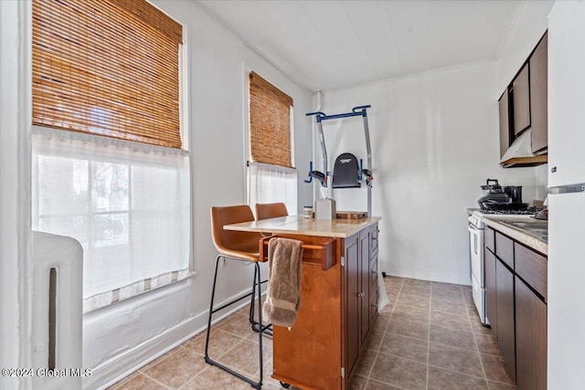 kitchen with white range with gas cooktop, tile patterned floors, light countertops, crown molding, and dark brown cabinets