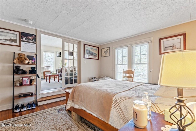 bedroom featuring wood finished floors, ornamental molding, multiple windows, and access to exterior