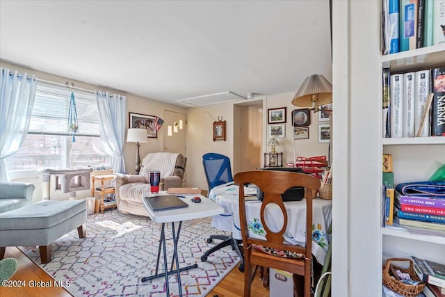 interior space featuring attic access and wood finished floors