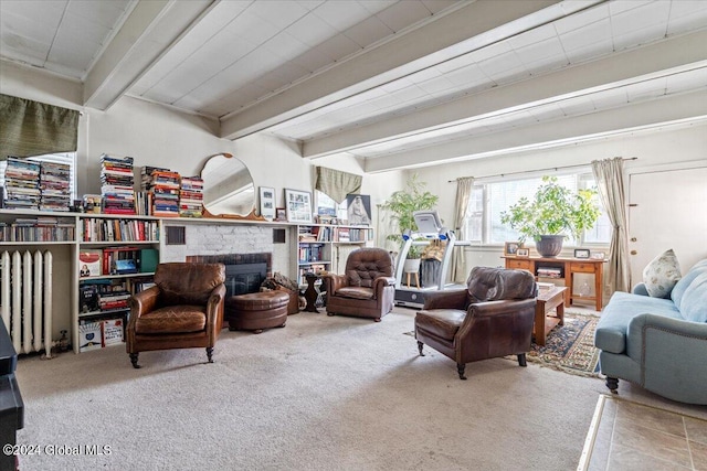 living area featuring carpet flooring, a fireplace, and beam ceiling