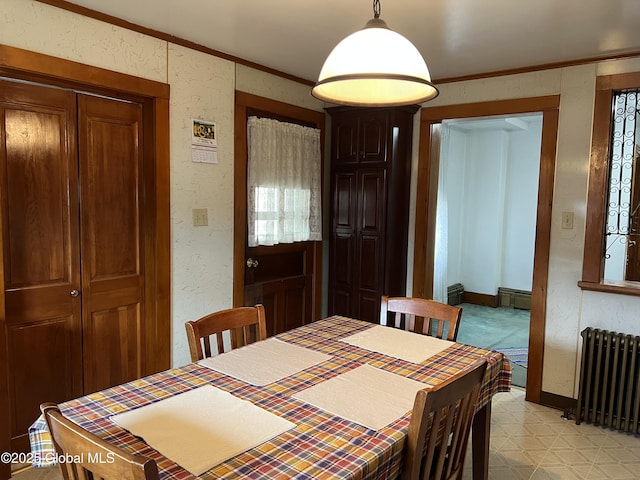 22 Williams St, Whitehall Village, NY 12887 - dining room with baseboards, ornamental molding, a textured wall, radiator heating unit, and light floors