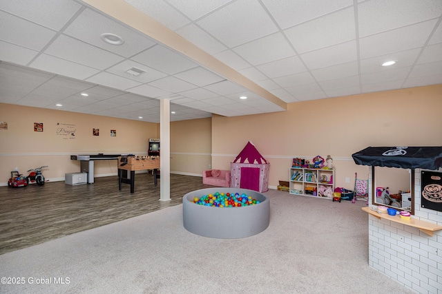 game room with recessed lighting, a paneled ceiling, visible vents, and carpet flooring